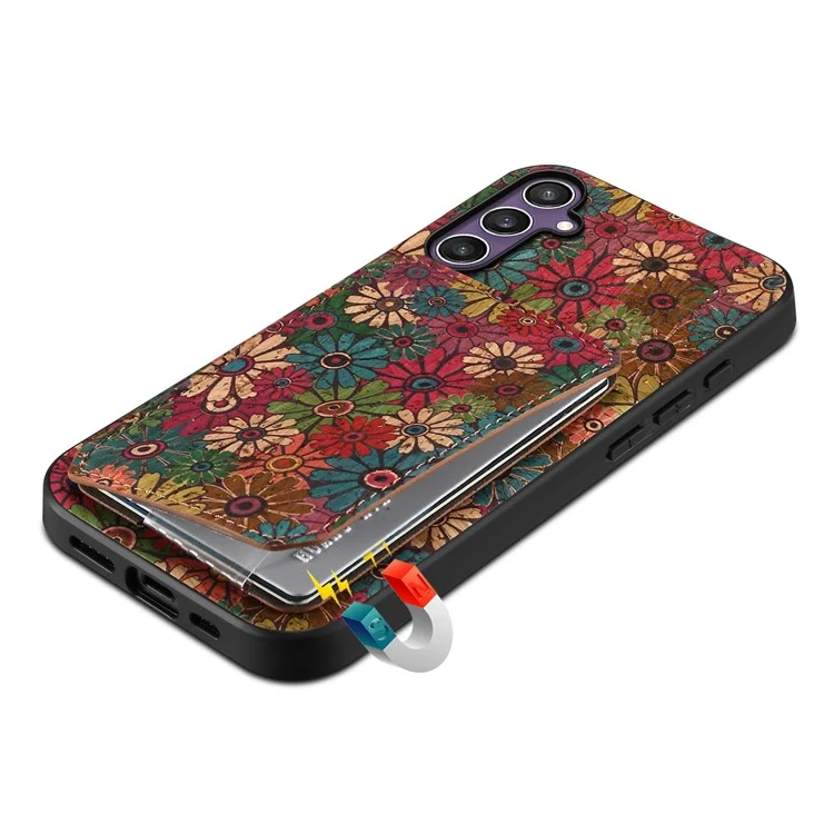 Capa para Samsung Galaxy S25 com suporte e compartimento para cartão, design de flores em couro - Primavera / Verde