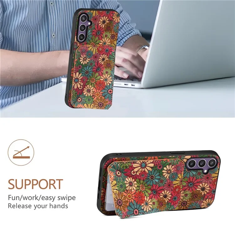 Capa para Samsung Galaxy S25 com suporte e compartimento para cartão, design de flores em couro - Primavera / Verde