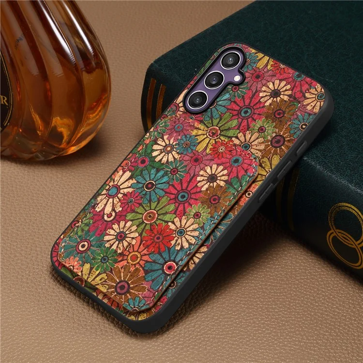 Capa para Samsung Galaxy S25 com suporte e compartimento para cartão, design de flores em couro - Primavera / Verde