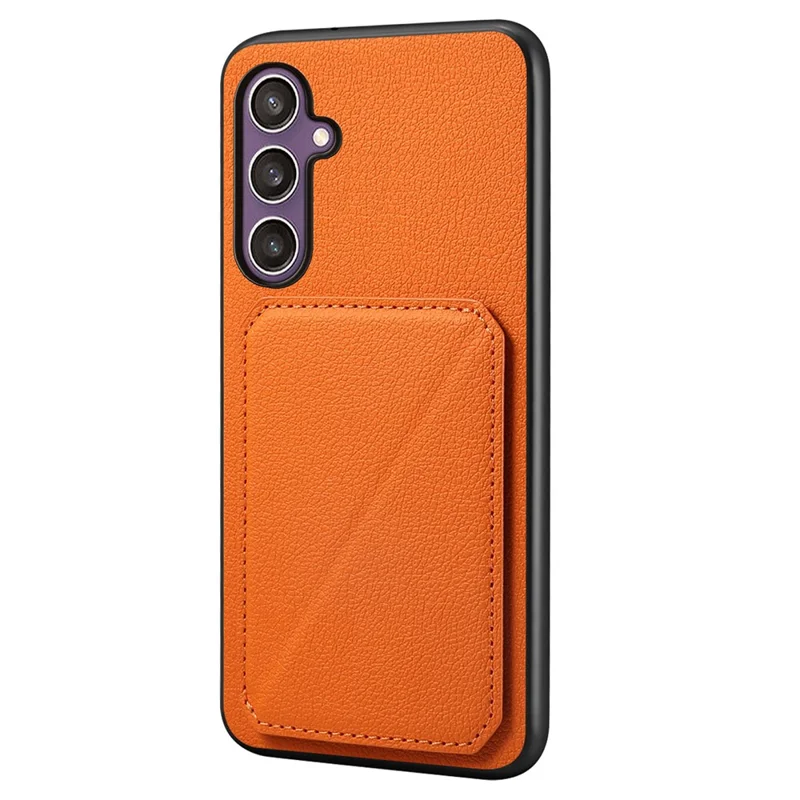 Funda para Samsung Galaxy S25 con soporte, portacartillas y textura de cuero de becerro + PC + TPU - Naranja