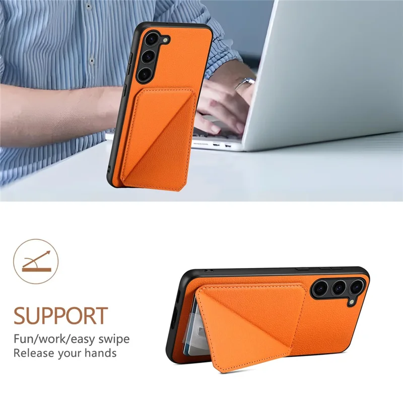Funda para Samsung Galaxy S25 con soporte, portacartillas y textura de cuero de becerro + PC + TPU - Naranja