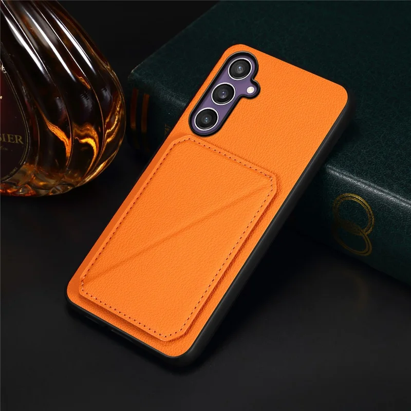 Funda para Samsung Galaxy S25 con soporte, portacartillas y textura de cuero de becerro + PC + TPU - Naranja