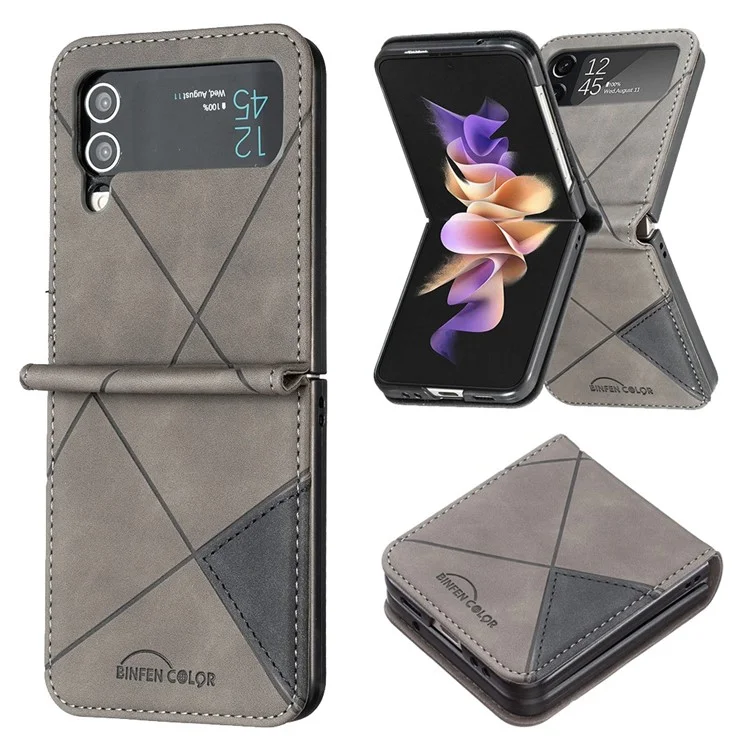 BINFEN COLOR pour Samsung Galaxy Z Flip3 5G Imprinted Geometric Pattern Phone Case PU Leather + Hard PC Shell Full Body Shockproof Cover - Gris