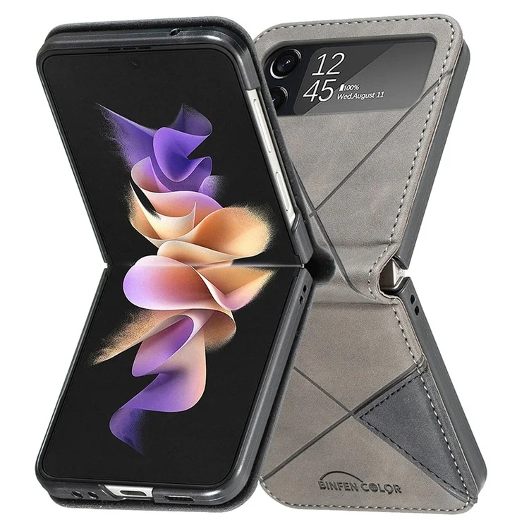BINFEN COLOR pour Samsung Galaxy Z Flip3 5G Imprinted Geometric Pattern Phone Case PU Leather + Hard PC Shell Full Body Shockproof Cover - Gris