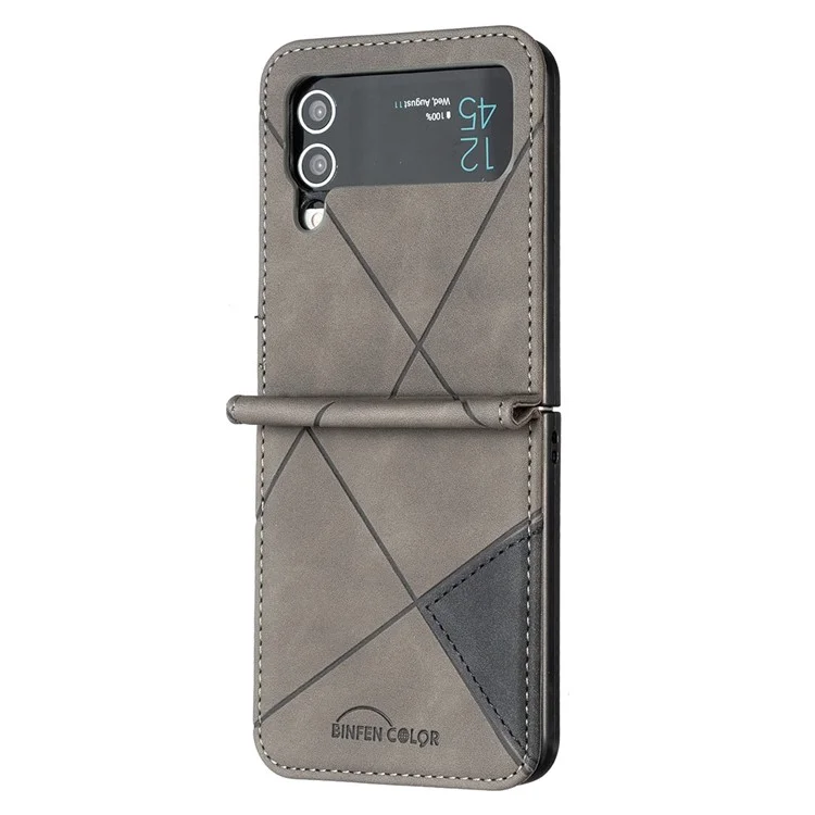BINFEN COLOR pour Samsung Galaxy Z Flip3 5G Imprinted Geometric Pattern Phone Case PU Leather + Hard PC Shell Full Body Shockproof Cover - Gris
