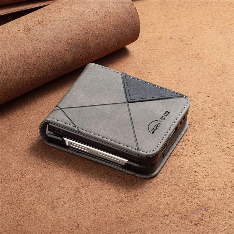 BINFEN COLOR pour Samsung Galaxy Z Flip3 5G Imprinted Geometric Pattern Phone Case PU Leather + Hard PC Shell Full Body Shockproof Cover - Gris