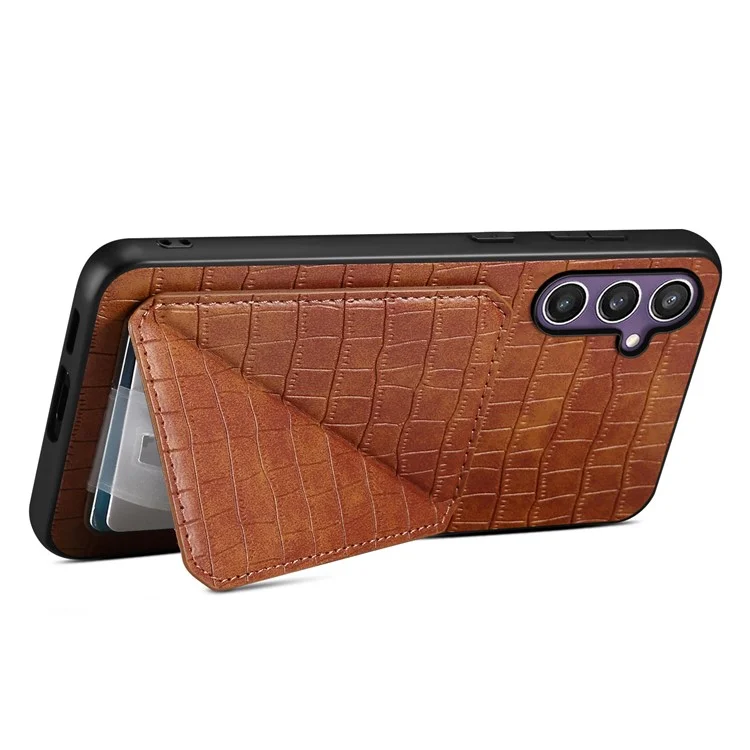 Étui pour Samsung Galaxy S25 avec porte-cartes en cuir + PC + coque arrière texturée en TPU style crocodile - Marron