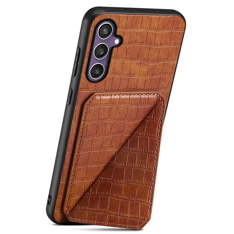Étui pour Samsung Galaxy S25 avec porte-cartes en cuir + PC + coque arrière texturée en TPU style crocodile - Marron