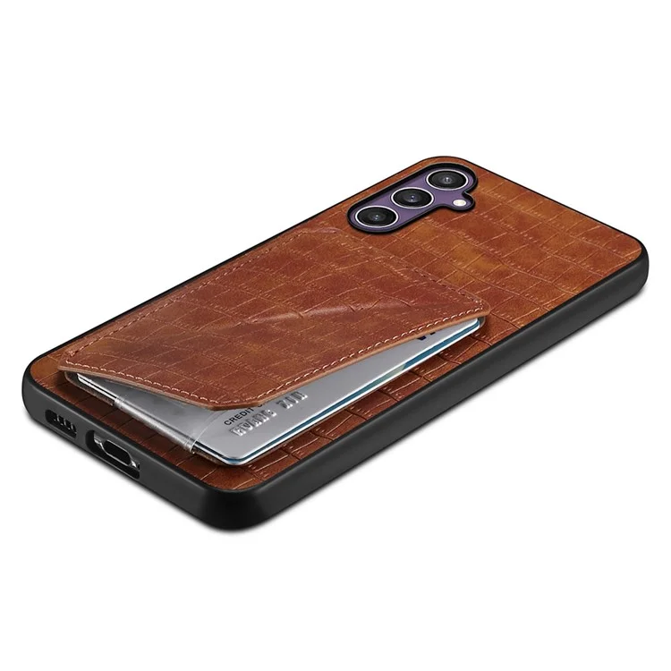 Étui pour Samsung Galaxy S25 avec porte-cartes en cuir + PC + coque arrière texturée en TPU style crocodile - Marron