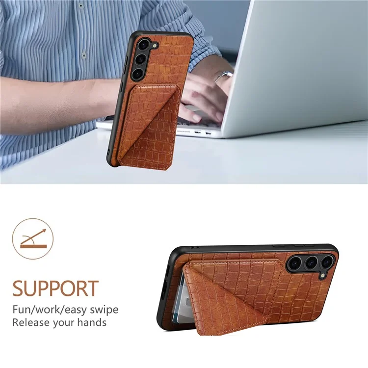 Étui pour Samsung Galaxy S25 avec porte-cartes en cuir + PC + coque arrière texturée en TPU style crocodile - Marron