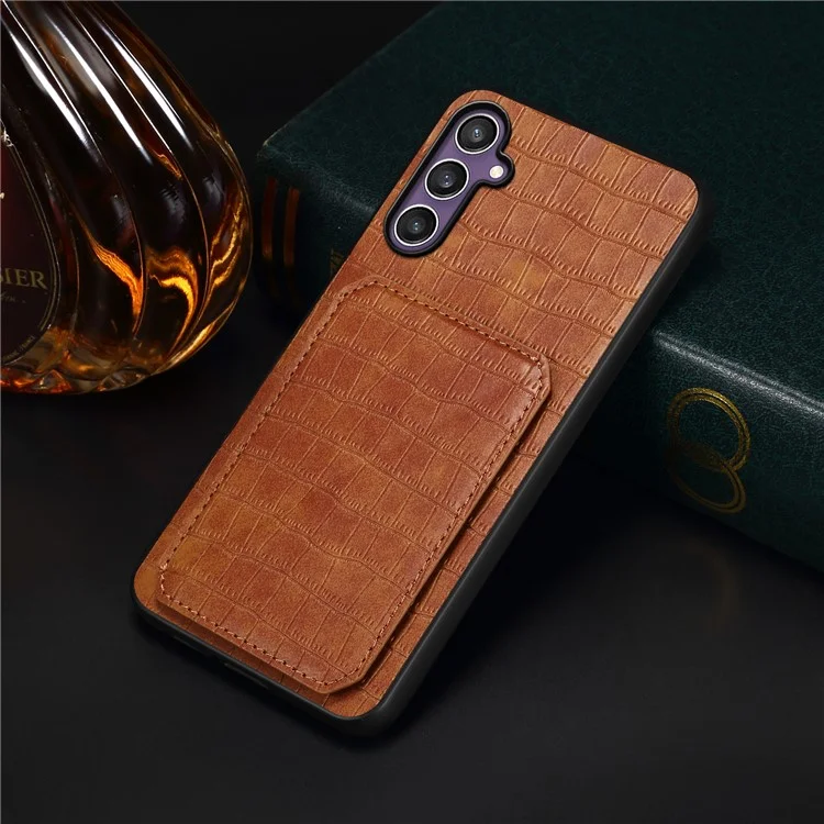 Étui pour Samsung Galaxy S25 avec porte-cartes en cuir + PC + coque arrière texturée en TPU style crocodile - Marron