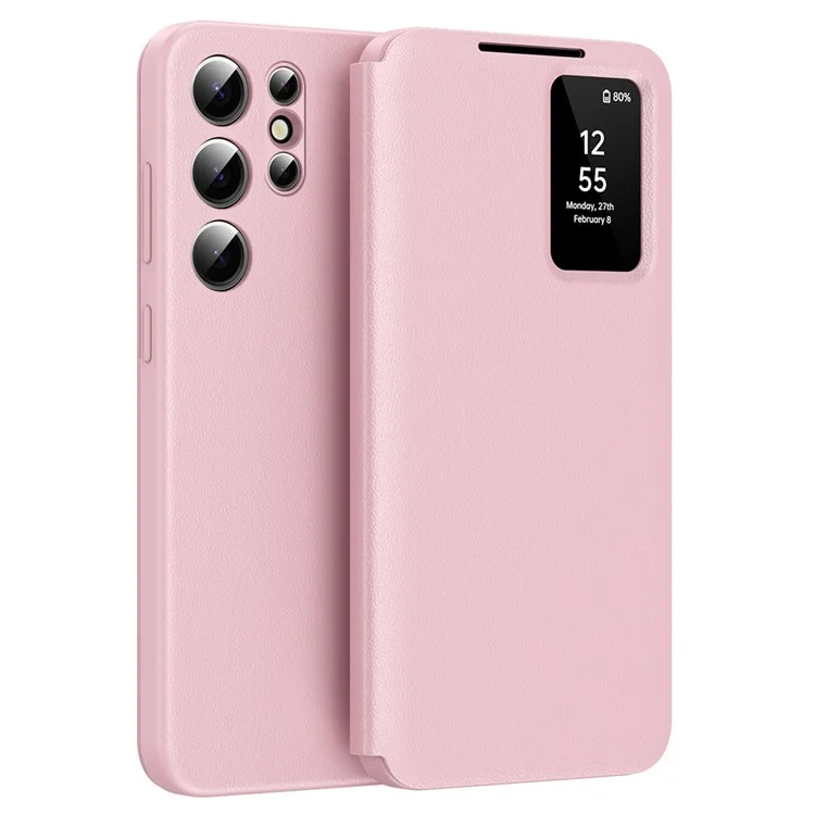 Für Samsung Galaxy S24 Ultra Leder Handyhülle mit Sichtfenster und Kartenfach - Pink