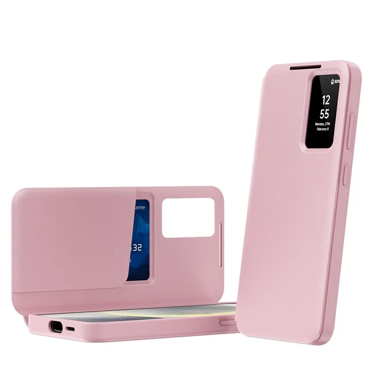 Für Samsung Galaxy S24 Ultra Leder Handyhülle mit Sichtfenster und Kartenfach - Pink