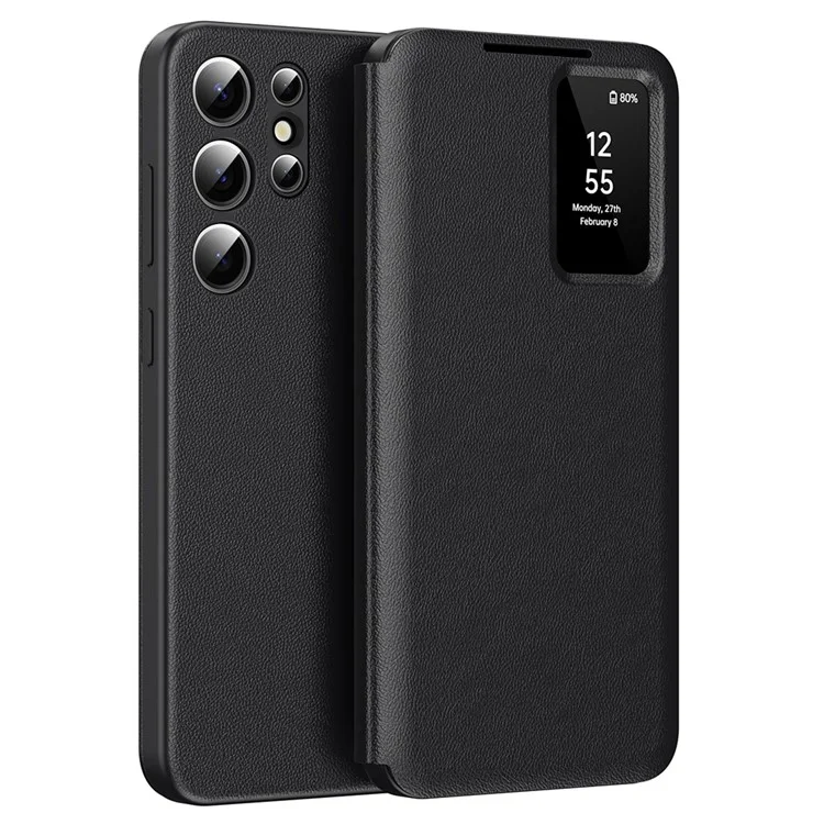 Coque de téléphone en cuir avec fenêtre d'affichage et fente pour carte pour Samsung Galaxy S24 Ultra - Noir