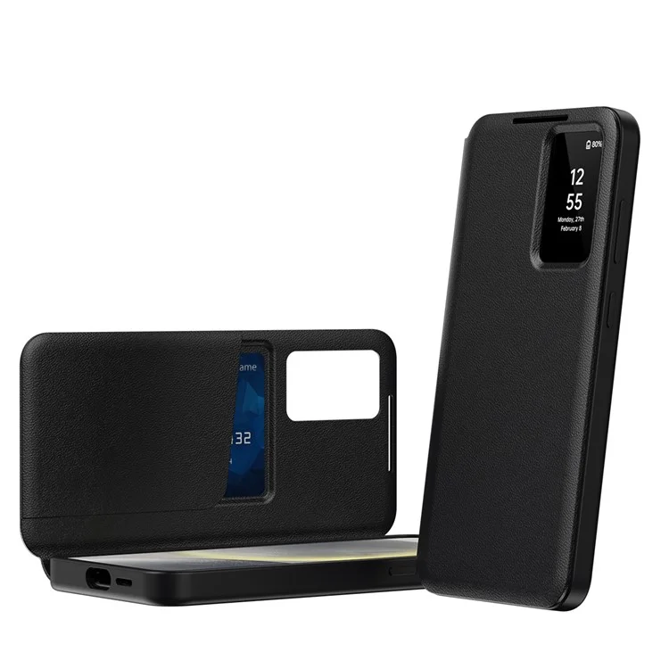 Coque de téléphone en cuir avec fenêtre d'affichage et fente pour carte pour Samsung Galaxy S24 Ultra - Noir