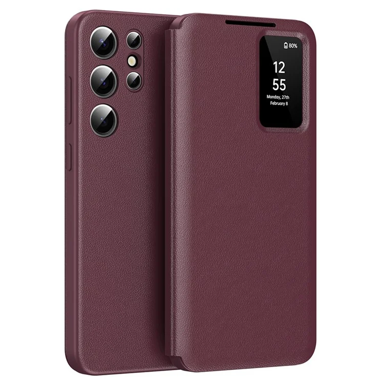 Custodia in pelle per Samsung Galaxy S24 Ultra con finestra di visualizzazione e slot per schede - Rosso vino