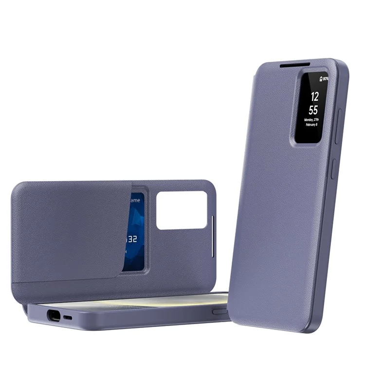 Étui de téléphone en cuir avec fenêtre d'affichage et fente pour carte pour Samsung Galaxy S24 Ultra - Gris Violet