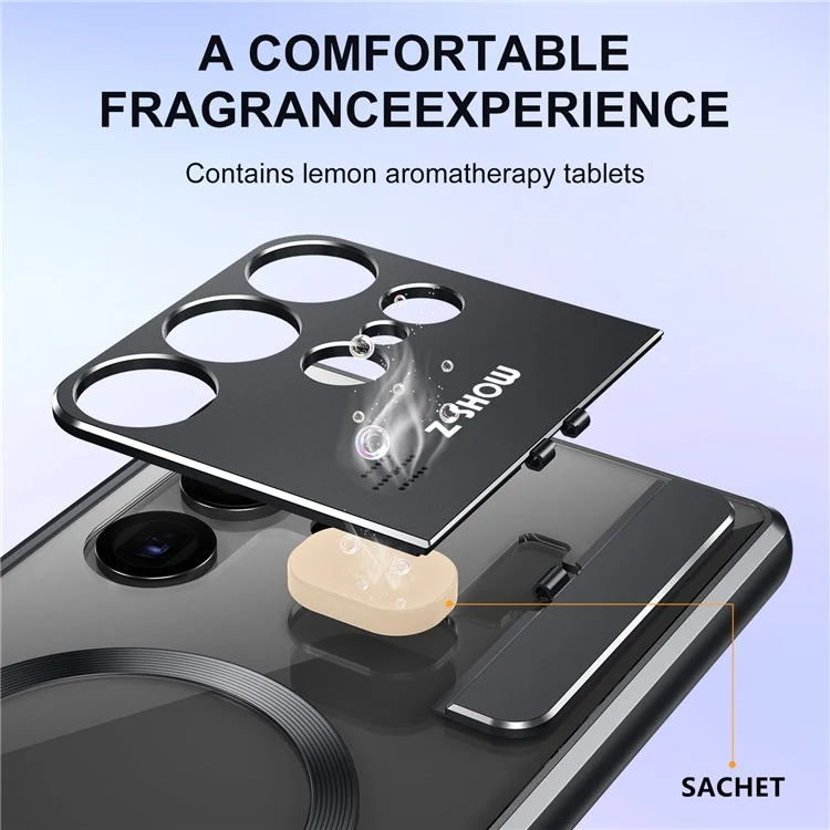 Capa magnética com suporte para Samsung Galaxy S25 Ultra em liga metálica + acrílico com difusor de aromaterapia - Preto