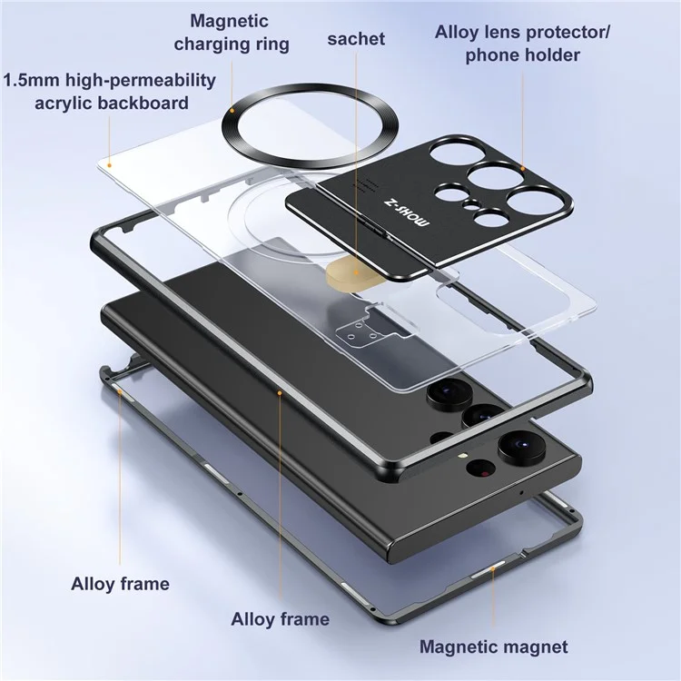 Capa magnética com suporte para Samsung Galaxy S25 Ultra em liga metálica + acrílico com difusor de aromaterapia - Preto