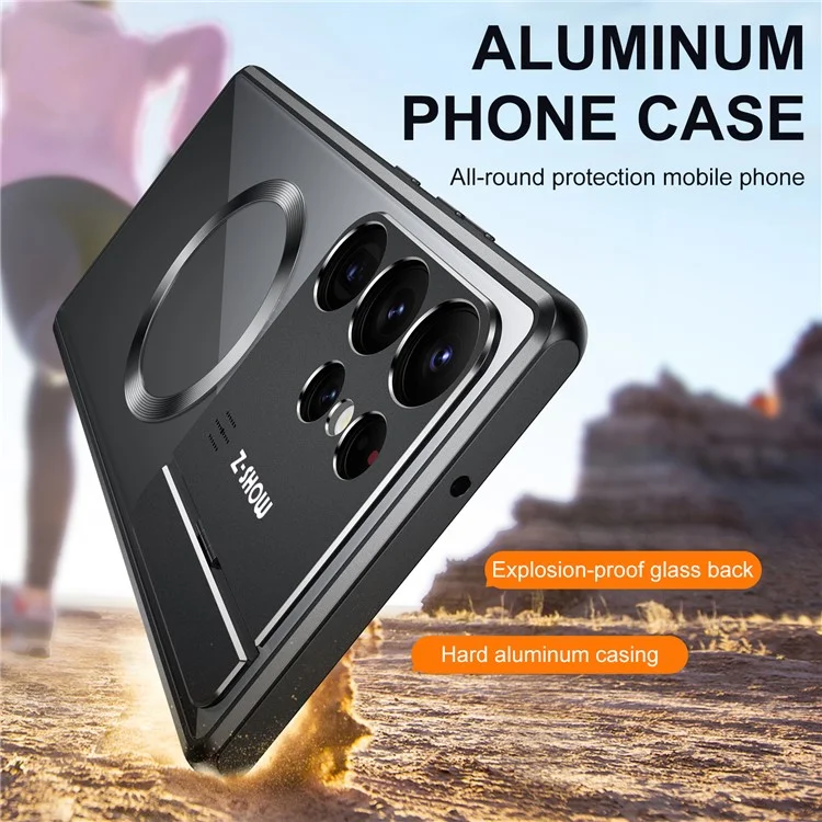 Capa magnética com suporte para Samsung Galaxy S25 Ultra em liga metálica + acrílico com difusor de aromaterapia - Preto