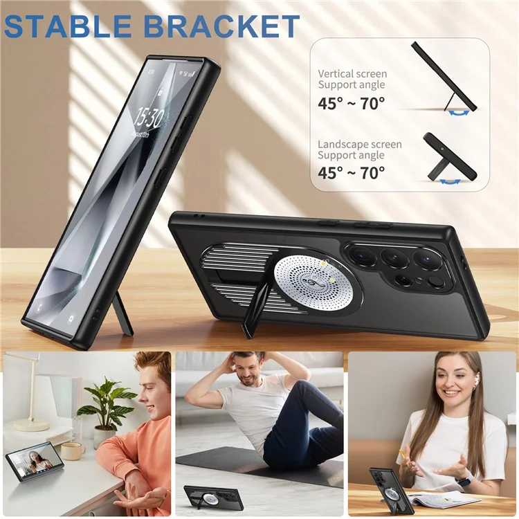Funda para Samsung Galaxy S25 Ultra con soporte de pie, de silicona y PC, cubierta de teléfono con disipación de calor de grafeno - Negro