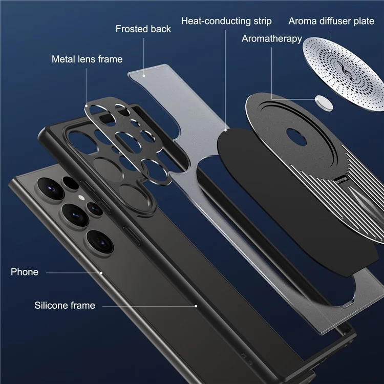 Funda para Samsung Galaxy S25 Ultra con soporte de pie, de silicona y PC, cubierta de teléfono con disipación de calor de grafeno - Negro