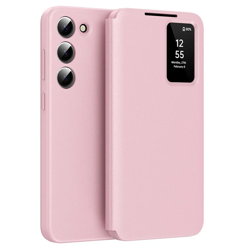 Étui de téléphone en cuir avec fenêtre de visualisation et fente pour carte pour Samsung Galaxy S23 - Rose