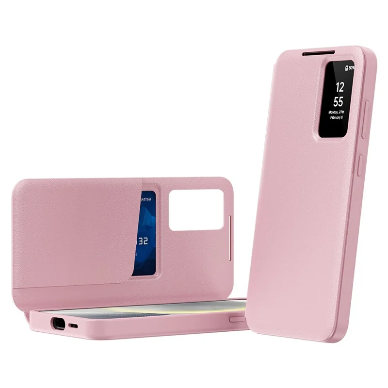 Étui de téléphone en cuir avec fenêtre de visualisation et fente pour carte pour Samsung Galaxy S23 - Rose