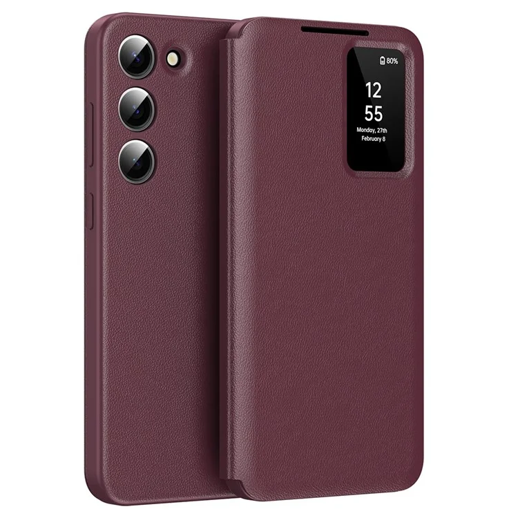 For Samsung Galaxy S23 Leather Phone Case with View Window Card Slot - Wine Red