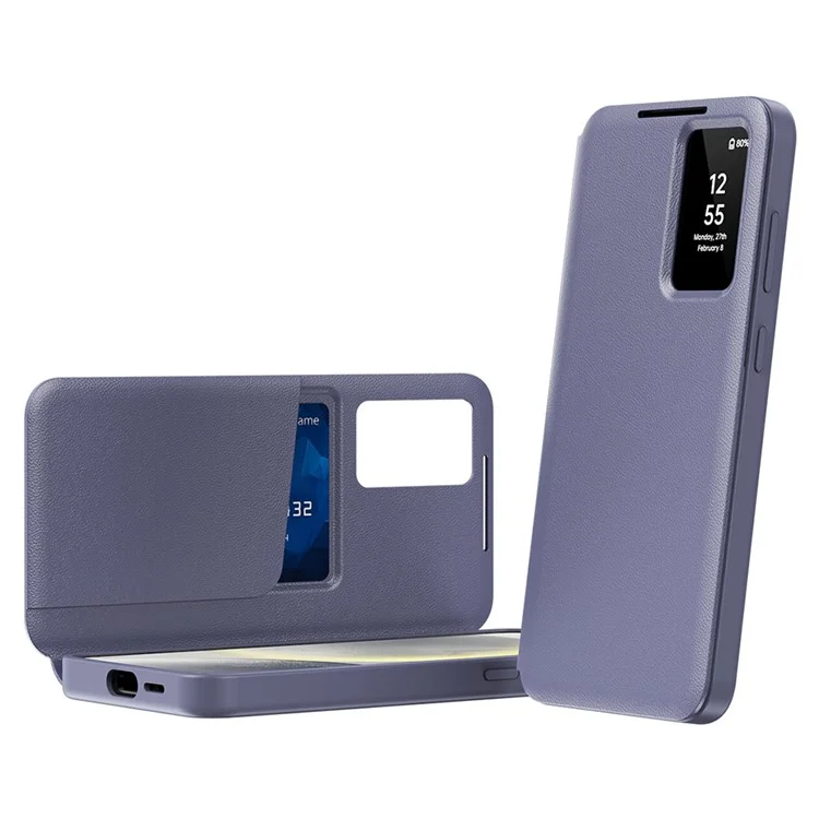 Für Samsung Galaxy S23 Lederhülle mit Sichtfenster und Kartenschlitz - Grau Lila