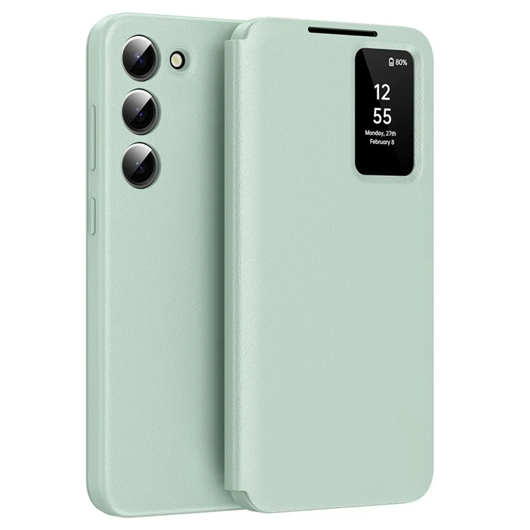 Funda de teléfono de cuero con ventana de visualización y ranura para tarjeta para Samsung Galaxy S23 - Verde claro