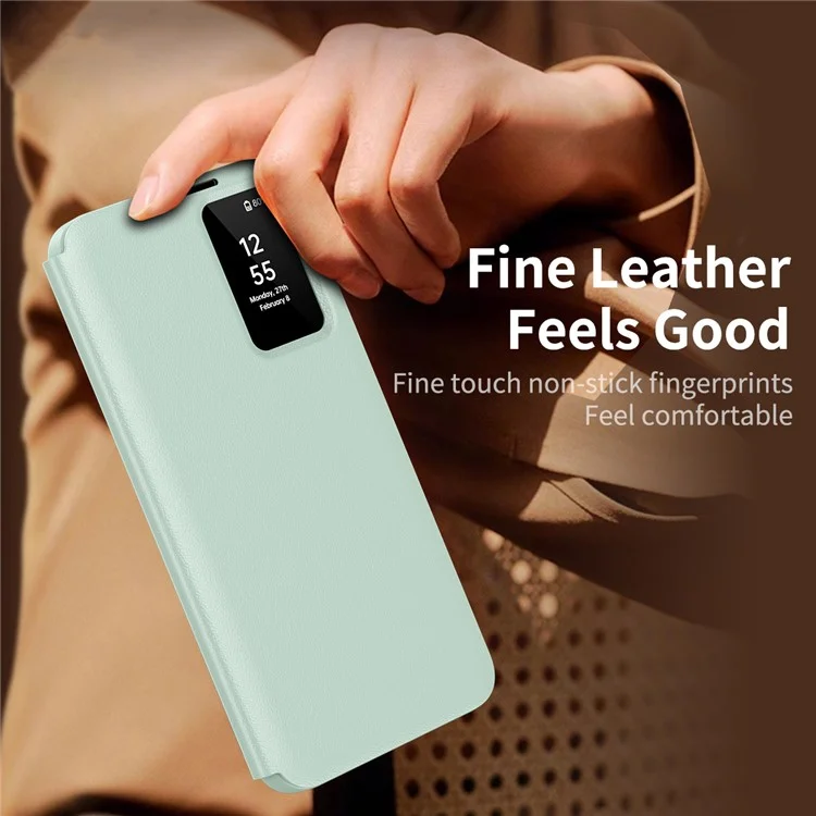 Funda de teléfono de cuero con ventana de visualización y ranura para tarjeta para Samsung Galaxy S23 - Verde claro