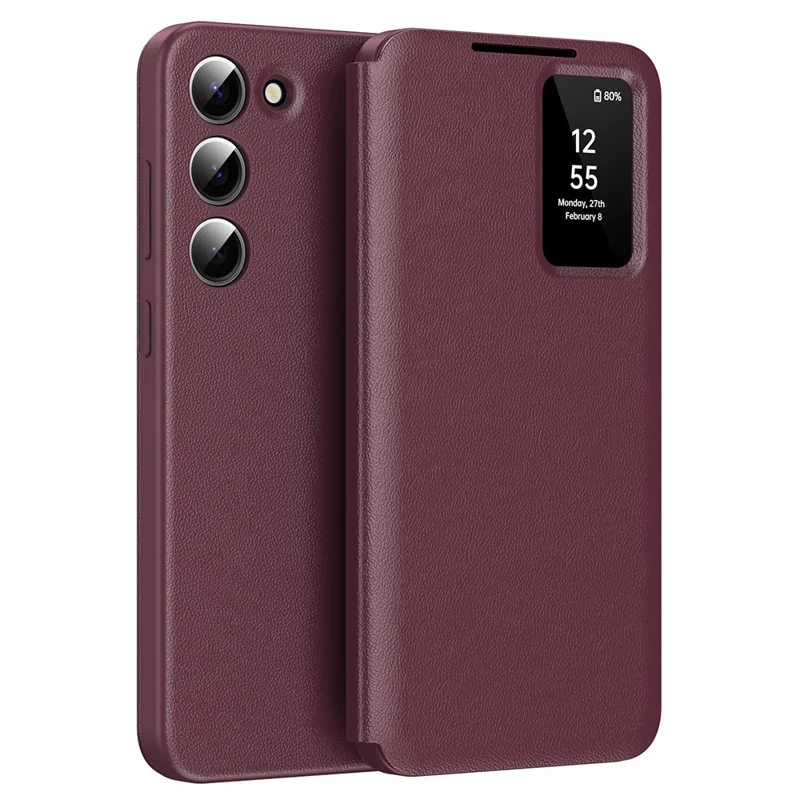Étui pour Samsung Galaxy S23+ en cuir avec fenêtre d'affichage et fente pour carte - Rouge vin