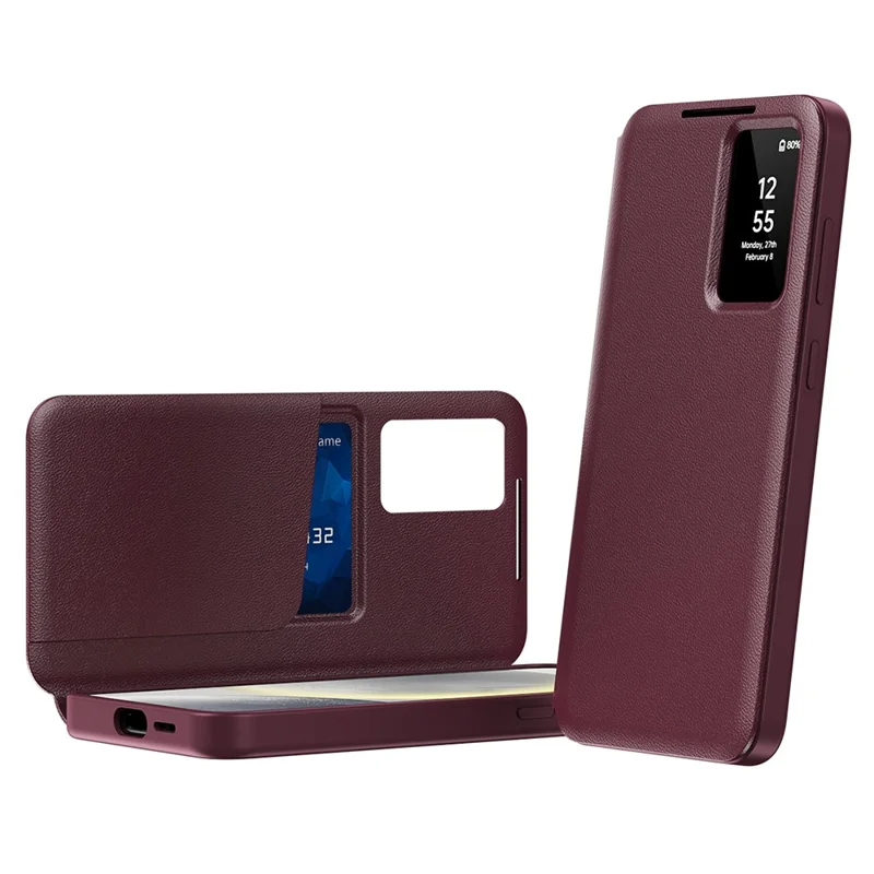 Étui pour Samsung Galaxy S23+ en cuir avec fenêtre d'affichage et fente pour carte - Rouge vin