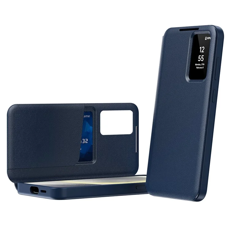Für Samsung Galaxy S22 5G Hülle Lederphone-Abdeckung mit Sichtfenster Kartensteckplatz - Saphir