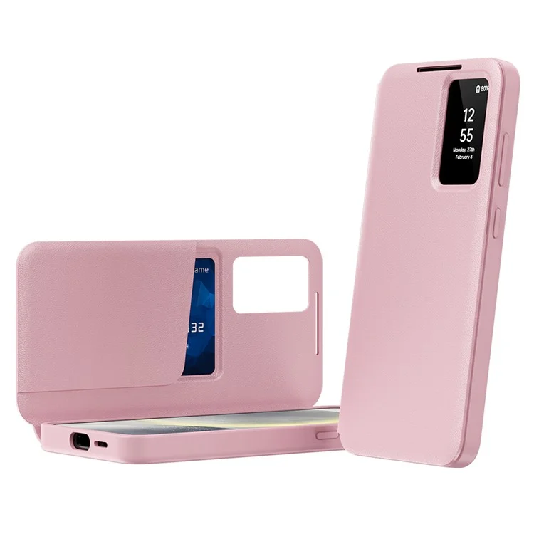 For Samsung Galaxy S22 5G Case Leather Phone Cover with View Window Card Slot - Pink