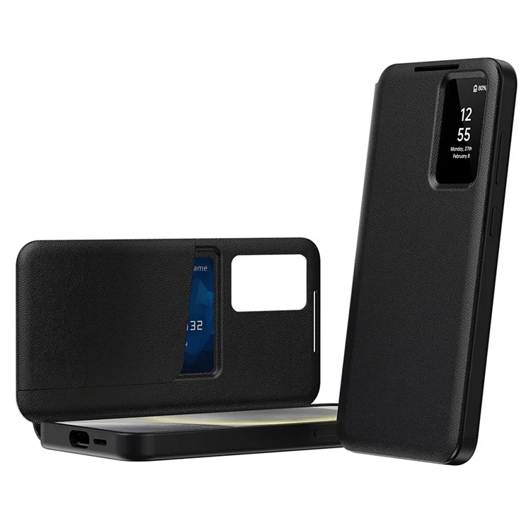 Für Samsung Galaxy S22 5G Hülle Leder Handy Hülle mit Sichtfenster Kartenschlitz - Schwarz
