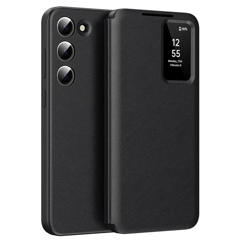 Capa de couro para Samsung Galaxy S22+ 5G com janela de visualização e compartimento para cartão - Preto
