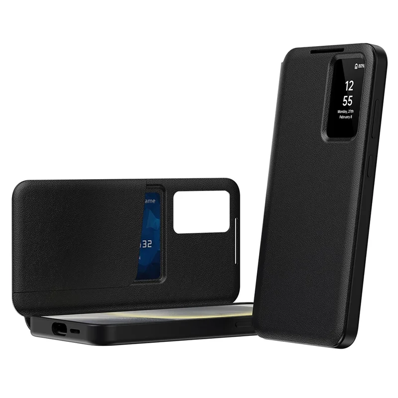 Capa de couro para Samsung Galaxy S22+ 5G com janela de visualização e compartimento para cartão - Preto