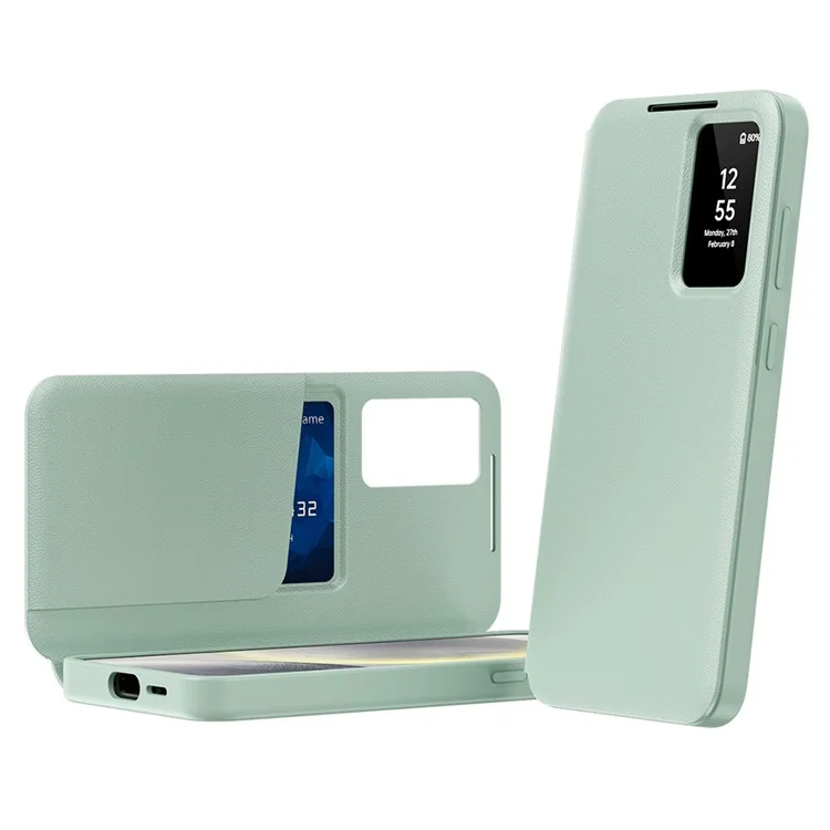 Custodia in pelle per Samsung Galaxy S22+ 5G con finestra di visualizzazione e slot per schede - Verde chiaro