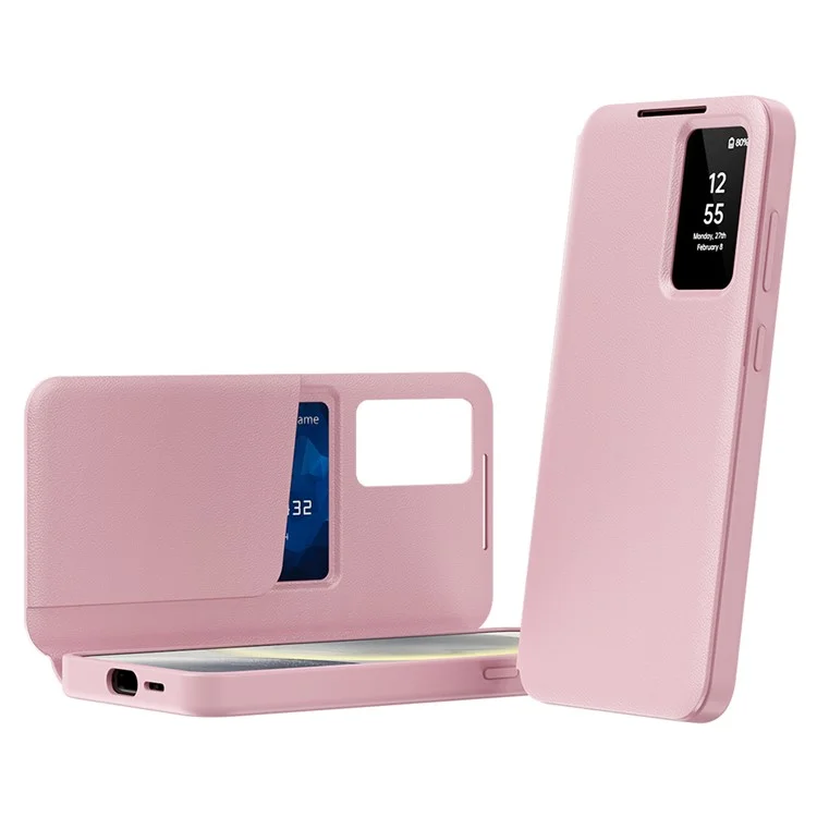 Capa para Samsung Galaxy S23 Ultra de couro com janela de visualização e slot para cartão - Rosa