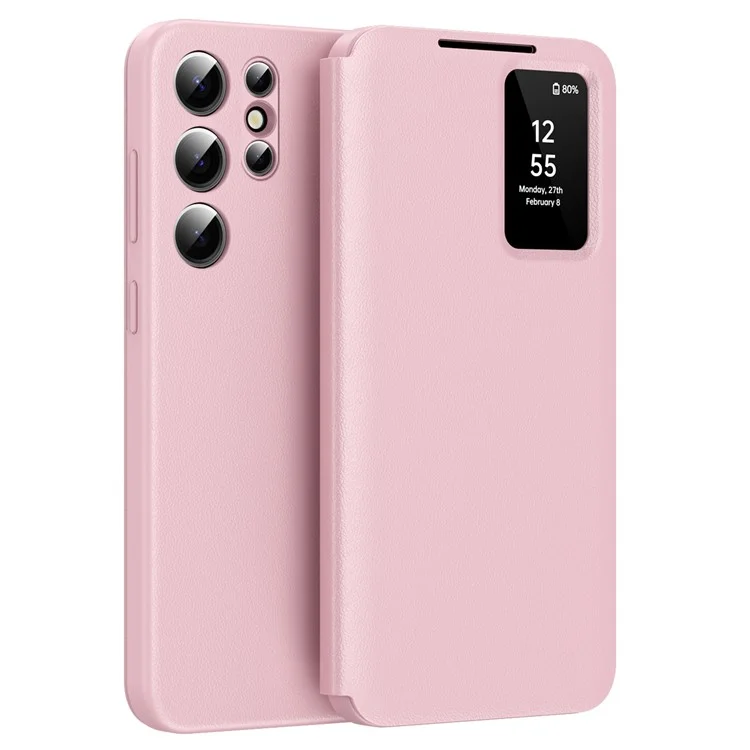 For Samsung Galaxy S22 Ultra 5G Smart View Flip Case Card Holder Wallet Cover - Pink