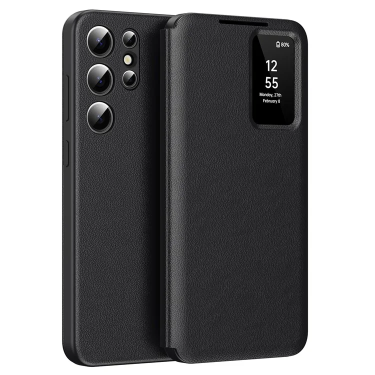 For Samsung Galaxy S22 Ultra 5G Smart View Flip Case Card Holder Wallet Cover - Black