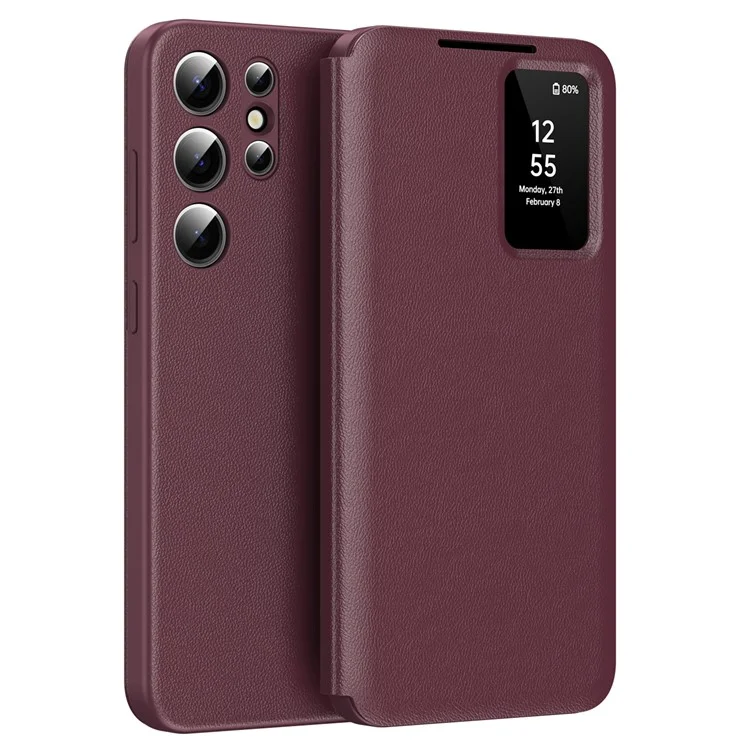 For Samsung Galaxy S25 Ultra Case Leather Phone Cover with View Window Card Slot - Wine Red