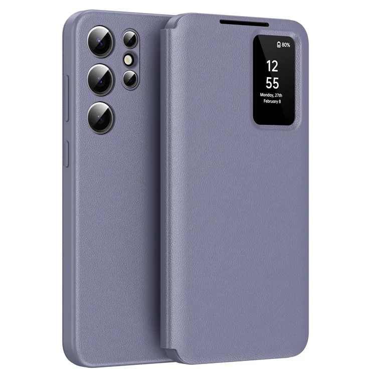For Samsung Galaxy S25 Ultra Case Leather Phone Cover with View Window Card Slot - Grey Purple