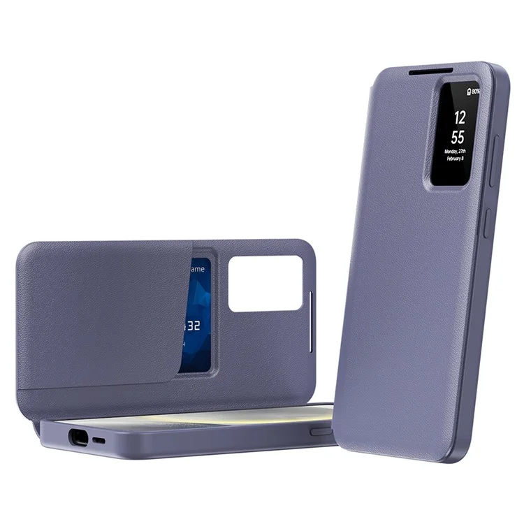 For Samsung Galaxy S25 Ultra Case Leather Phone Cover with View Window Card Slot - Grey Purple