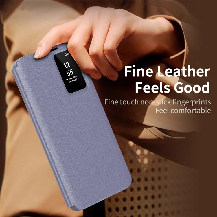 For Samsung Galaxy S25 Ultra Case Leather Phone Cover with View Window Card Slot - Grey Purple