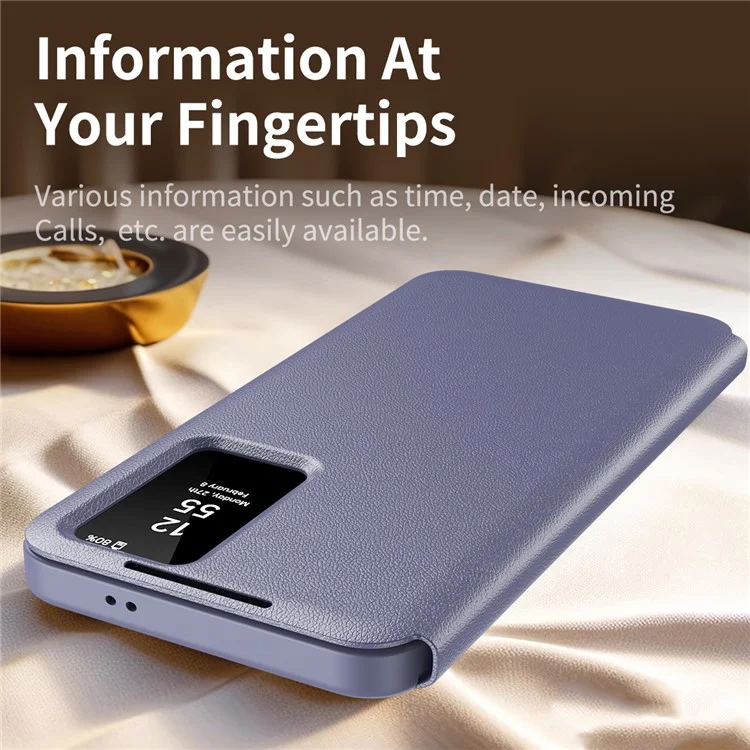 For Samsung Galaxy S25 Ultra Case Leather Phone Cover with View Window Card Slot - Grey Purple