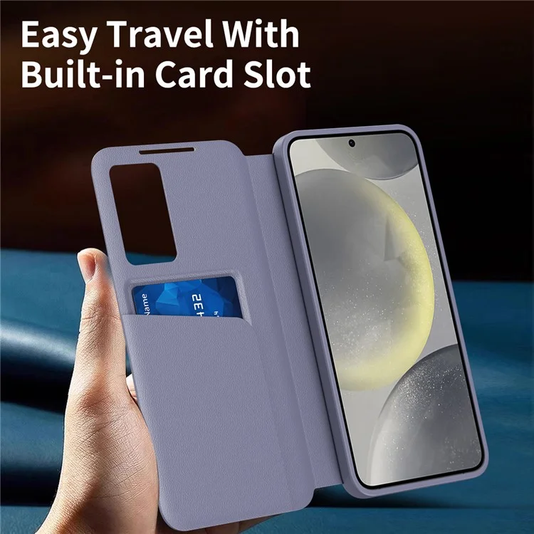 For Samsung Galaxy S25 Ultra Case Leather Phone Cover with View Window Card Slot - Grey Purple
