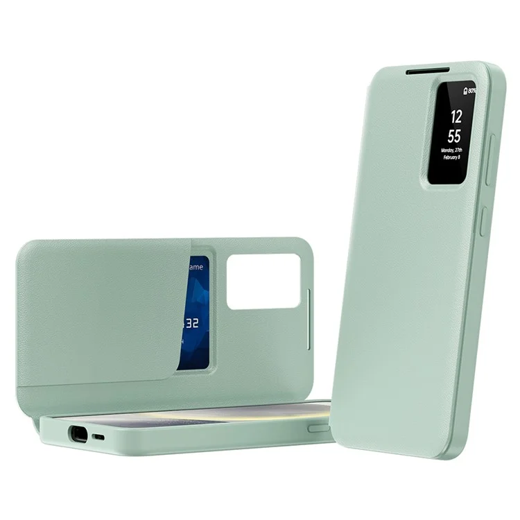 Capa de couro para Samsung Galaxy S25 Ultra com janela de visualização e slot para cartão - Verde claro
